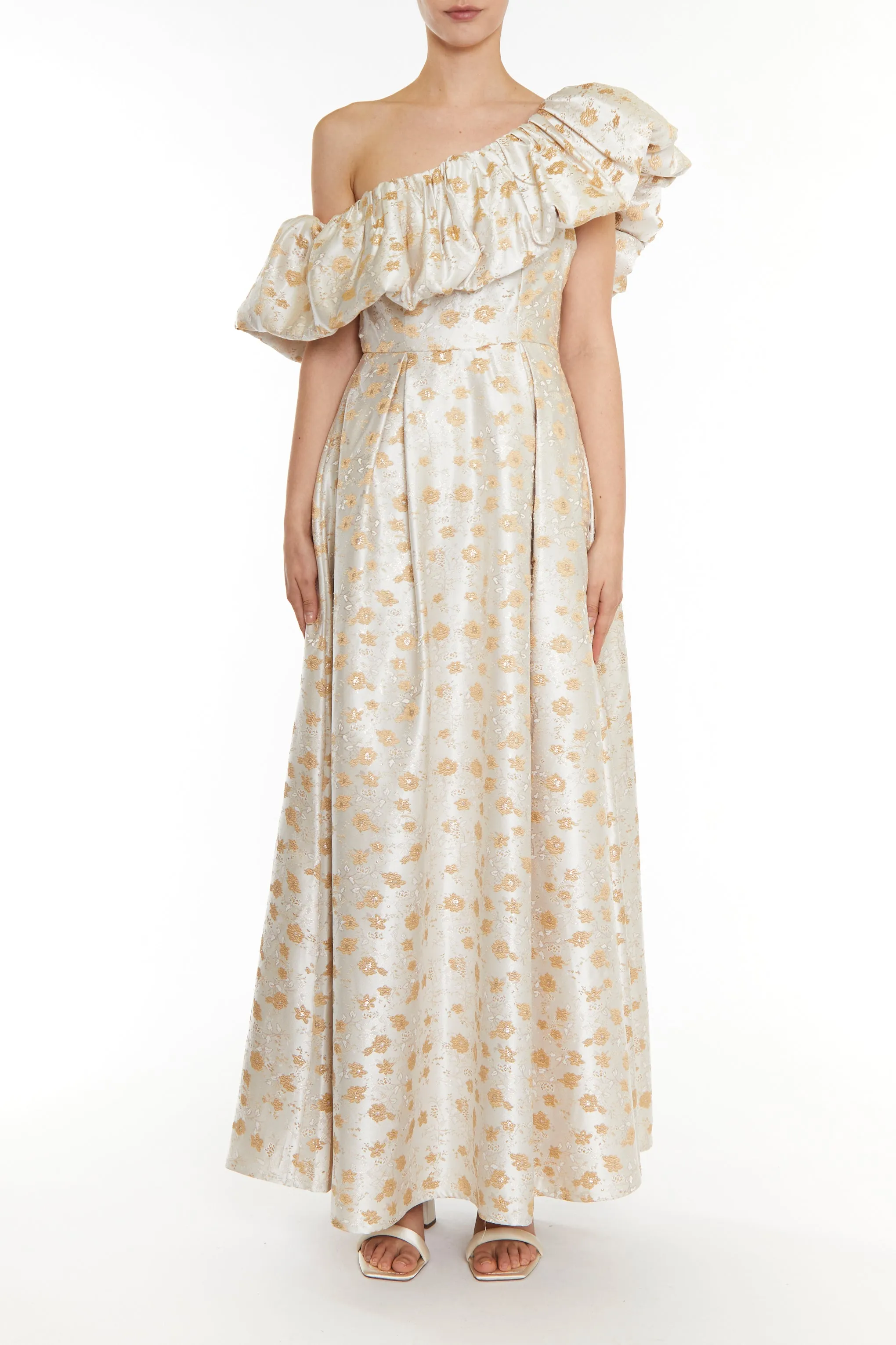 Blake Cream Gold Jacquard Puff One Shoulder Maxi-Dress sold by True Decadence