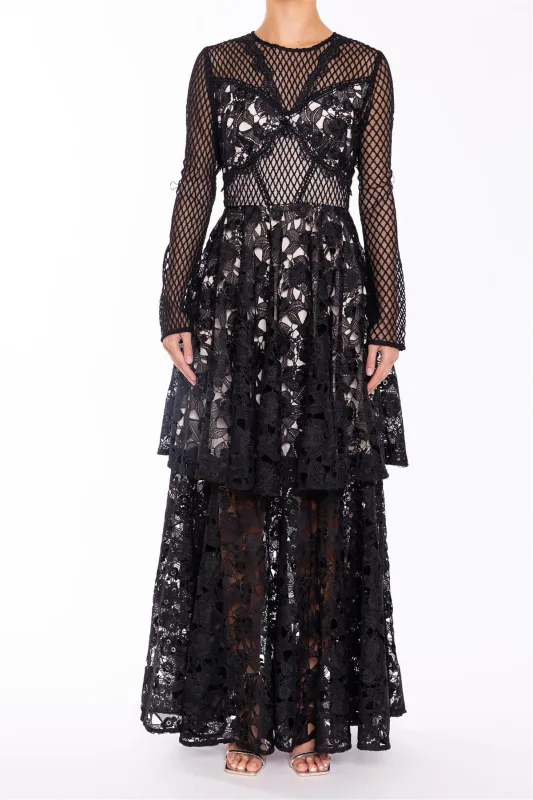 Elsie Patchwork Black Lace Layered Maxi Dress sold by True Decadence