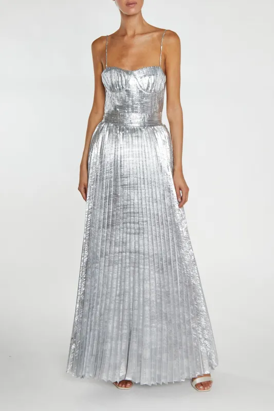 Kate Silver Crinkle Pleated Strappy Maxi Dress sold by True Decadence
