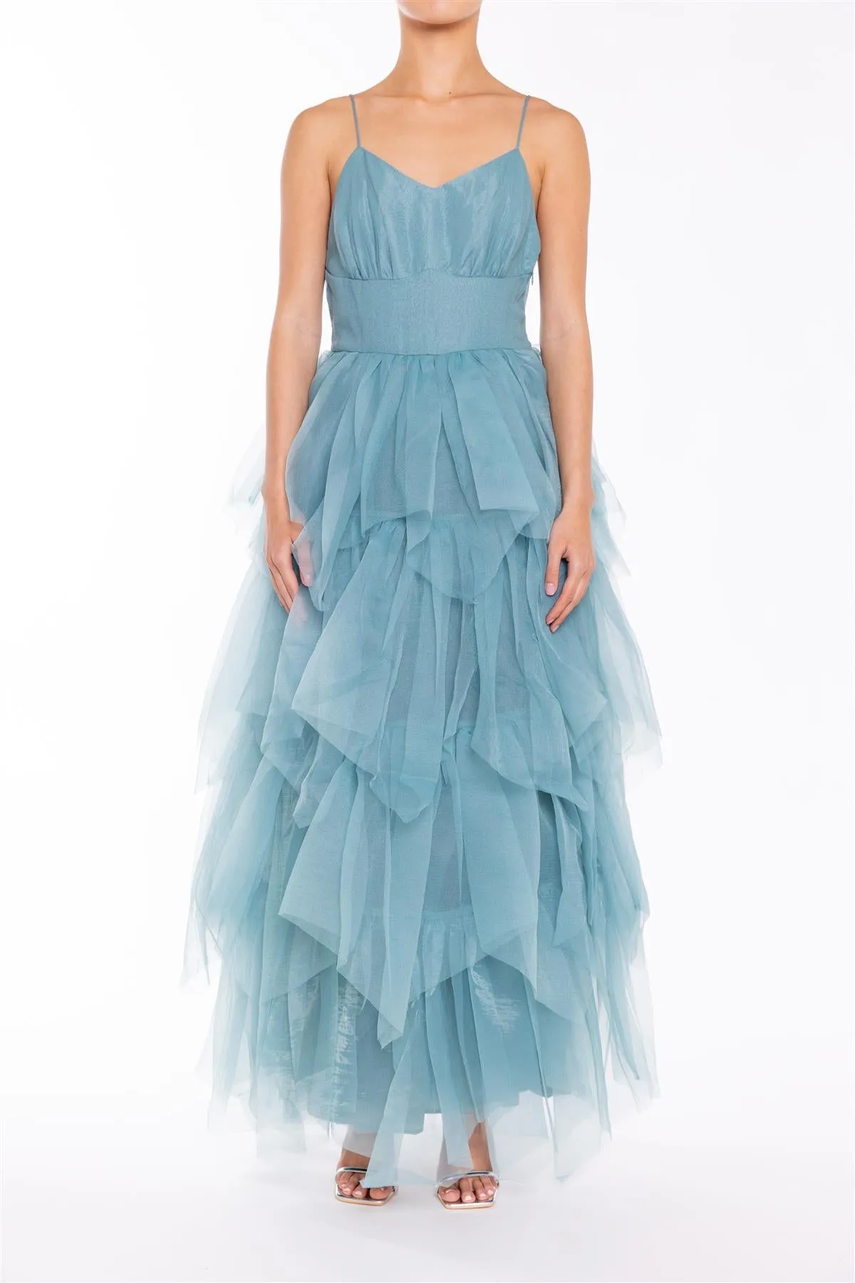 Saige Mineral Blue V-neck Tiered Tulle Maxi Dress sold by True Decadence