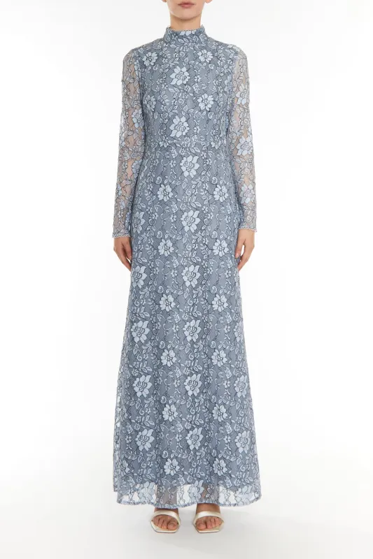 Jane Blue-Black Lace High-Neck Trim Maxi Dress sold by True Decadence