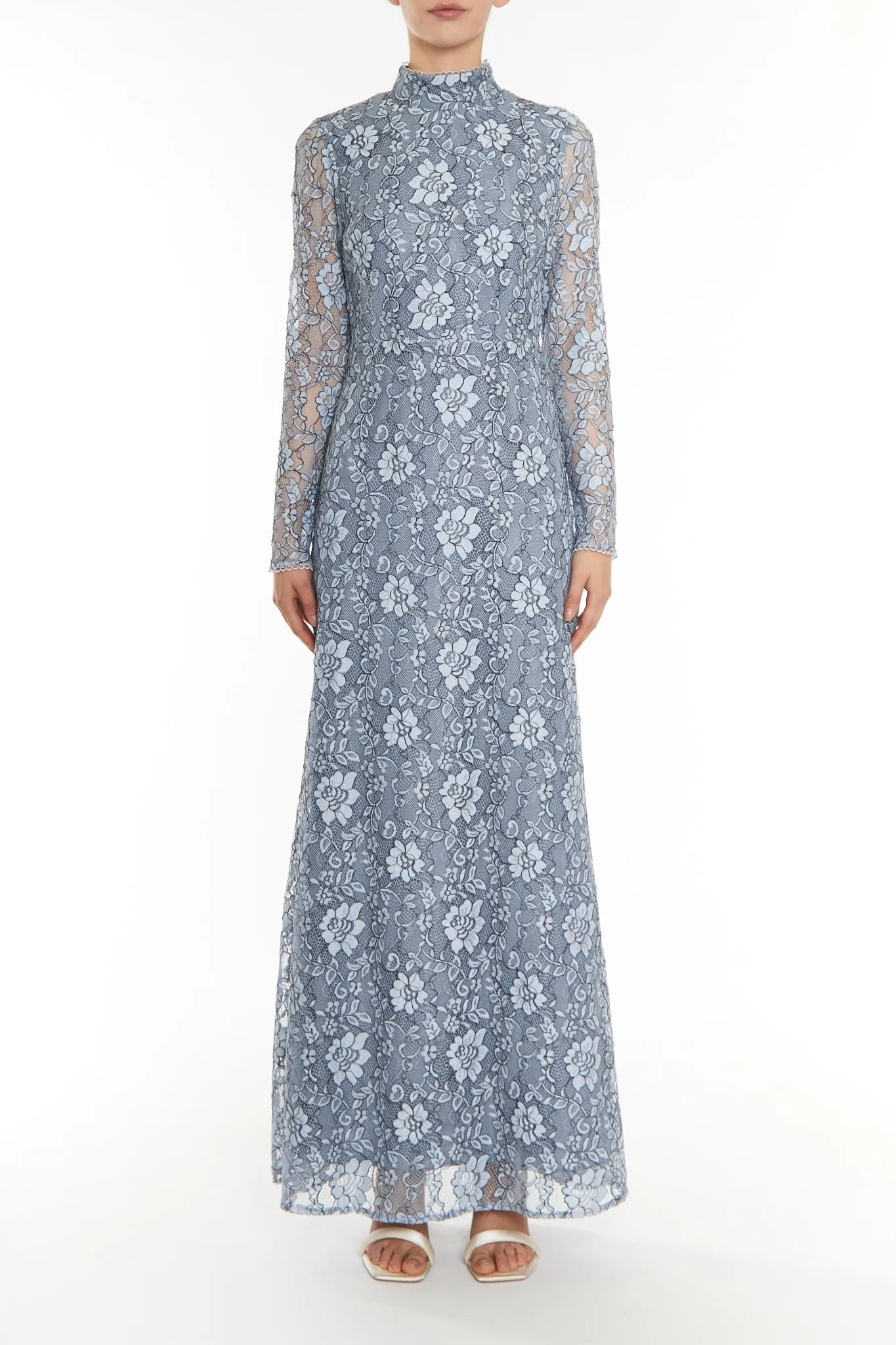 Jane Blue-Black Lace High-Neck Trim Maxi Dress sold by True Decadence