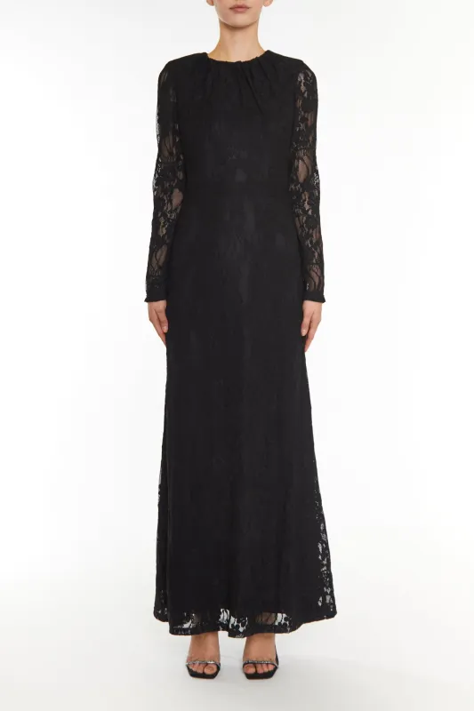 Siena Black Lace High Gathered Neck Maxi-Dress sold by True Decadence