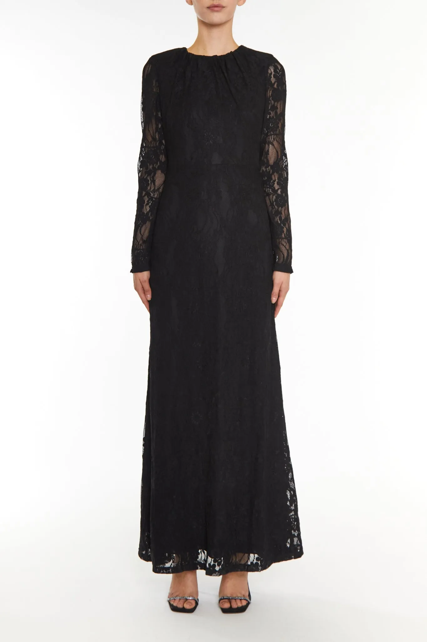 Siena Black Lace High Gathered Neck Maxi-Dress sold by True Decadence