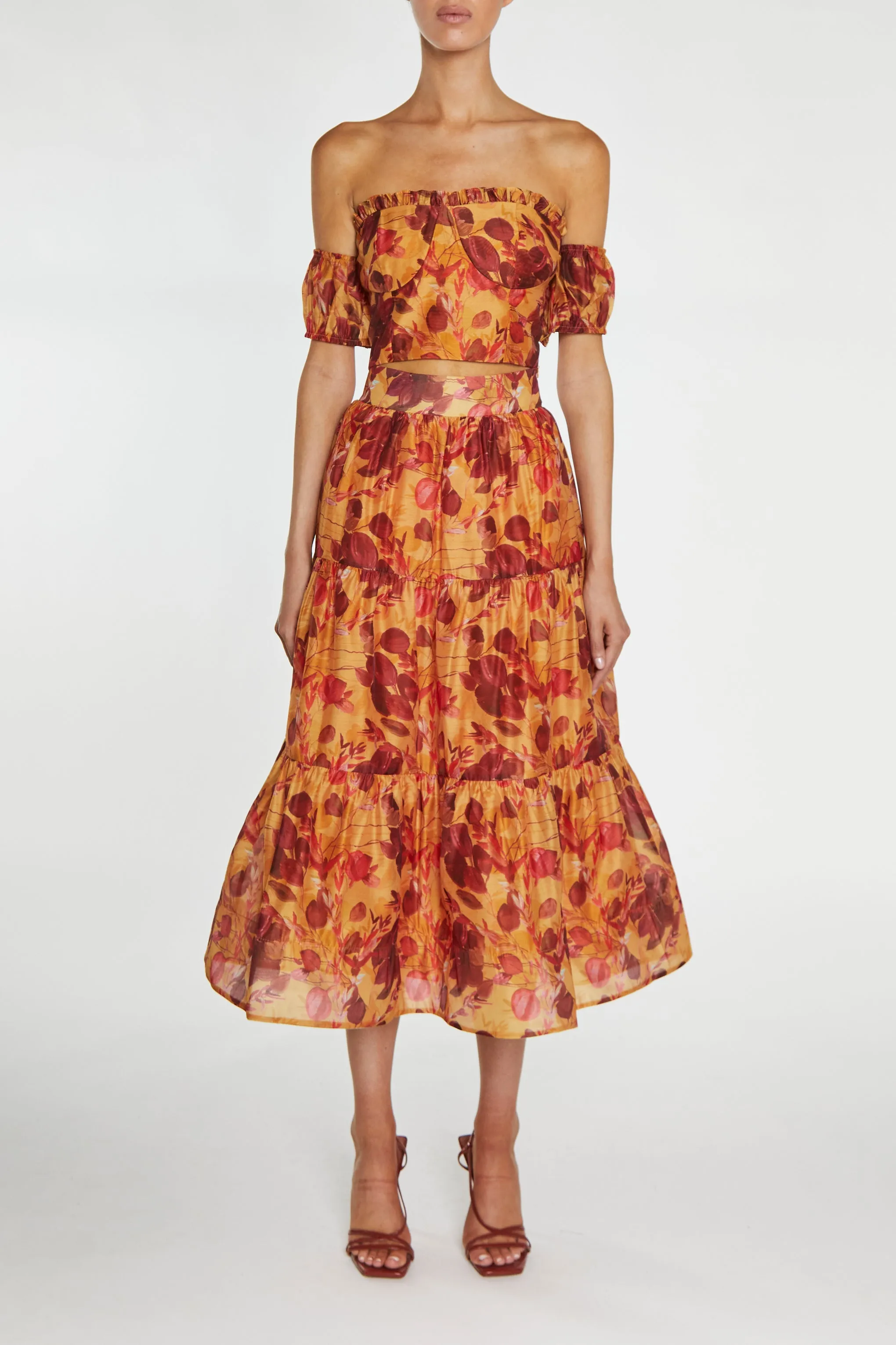 Phoebe Co-Ord Golden Leaf Print Bardot Crop-Top sold by True Decadence