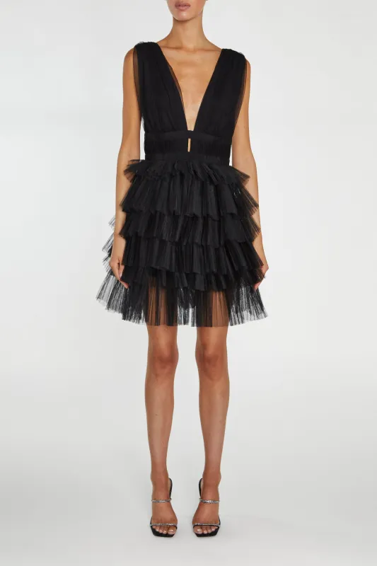 Elle Black Plunge-Front Tiered Tulle Mini-Dress made by True Decadence