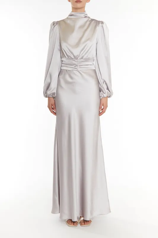 Sutton Silver High Cowl-Neck Maxi Dress sold by True Decadence