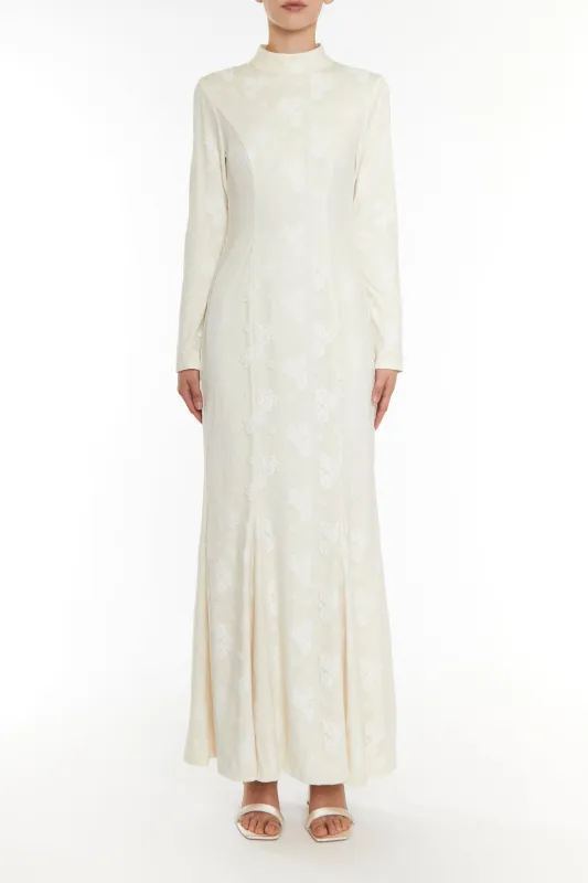 Serenity White-Lace High Neck Godet Maxi-Dress made by True Decadence