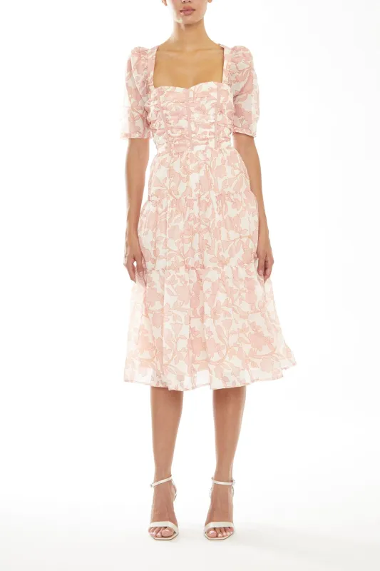Zara Cream-Pink Outline Flower Tiered Lace-up Back Midi-Dress sold by True Decadence