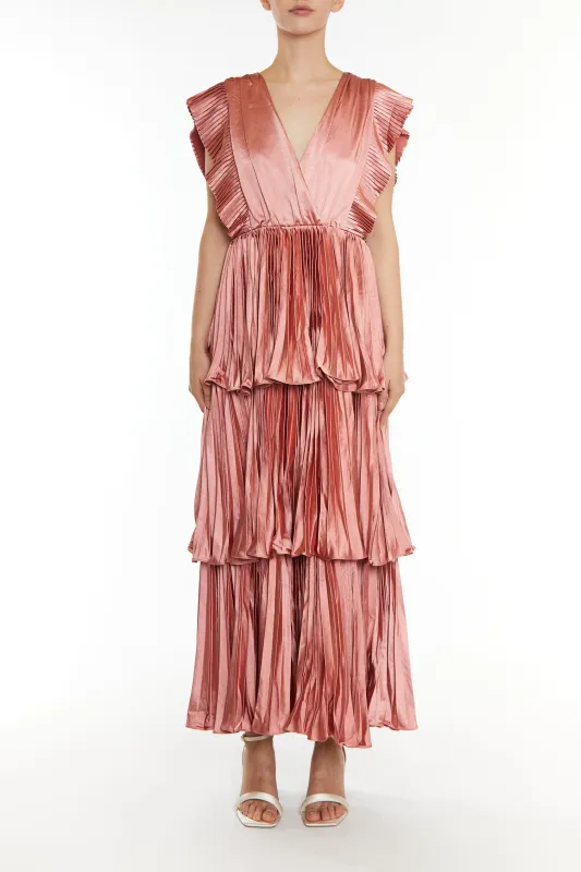 Beatrice Dusty Peach Pleated Tiered Dress sold by True Decadence