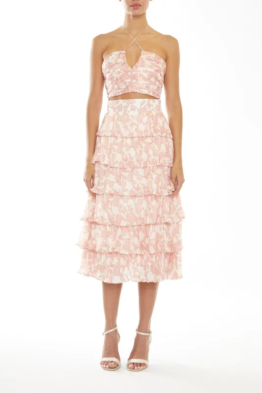 Zara Co-Ord Cream-Pink Outline Flower Ruched Halterneck Crop-Top made by True Decadence
