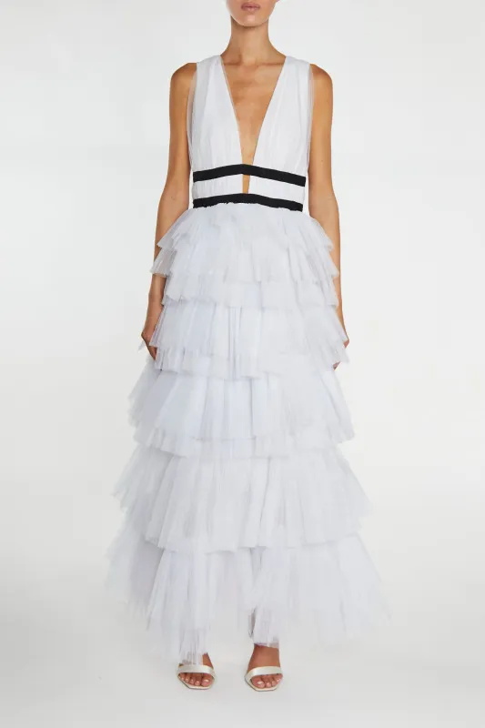 Eliza White Plunging Neck Layered Tulle Skirt Maxi-Dress sold by True Decadence