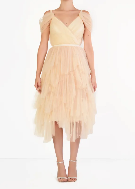Cream Isla Pleated Petal Skirt Midi-Dress sold by True Decadence