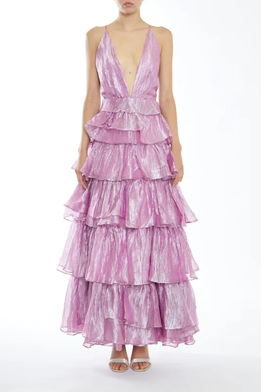 Nova Pink Metallic Pleated Tiers Plunging Maxi-Dress sold by True Decadence