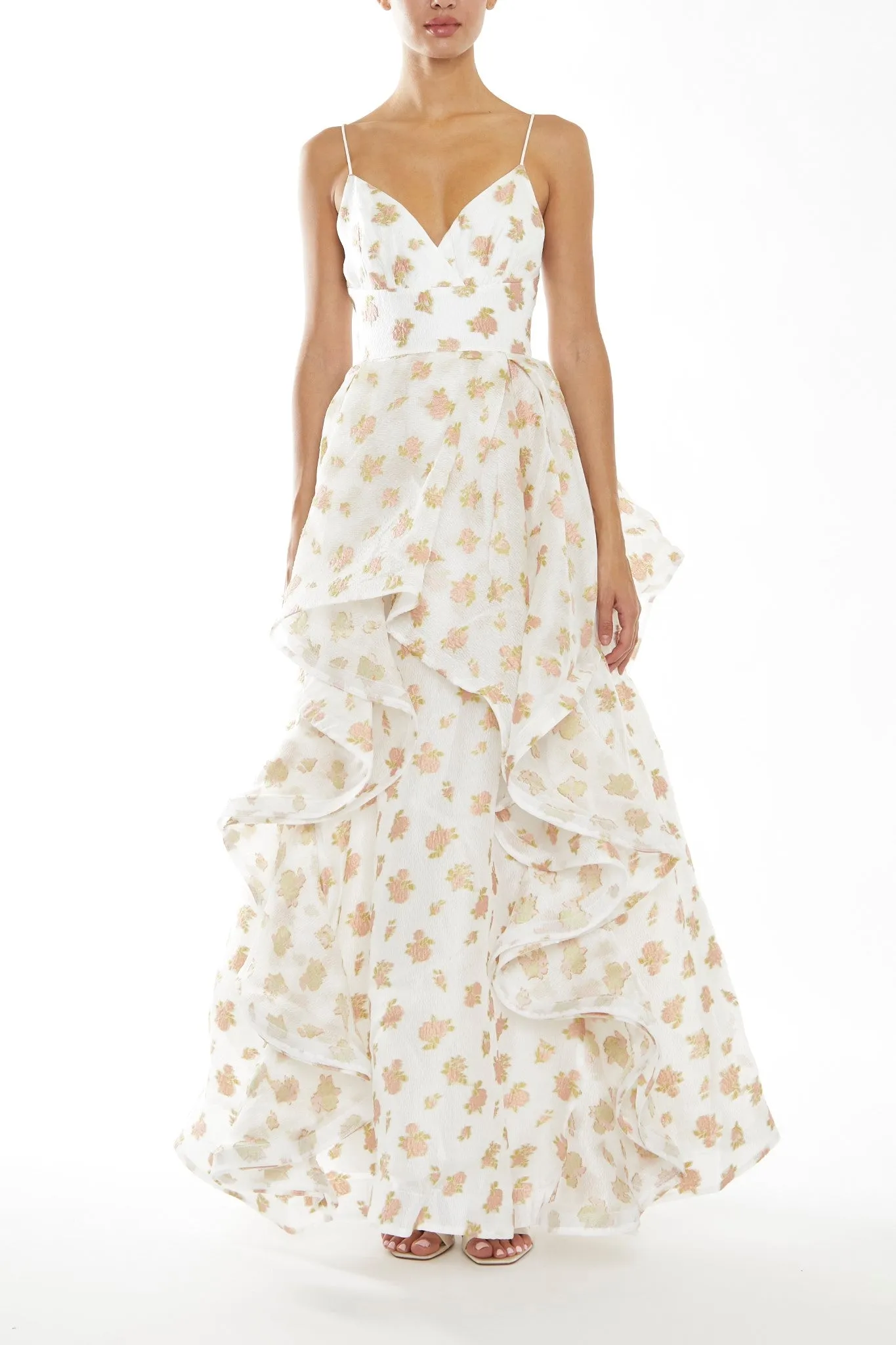 Ingrid Peach-Floral Organza Layered Ruffle Strappy Maxi-Dress sold by True Decadence