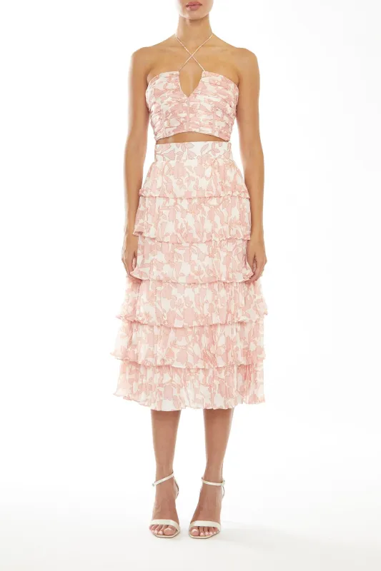 Nora Co-Ord Cream-Pink Outline Flower Tiered Pleated Midi Skirt sold by True Decadence