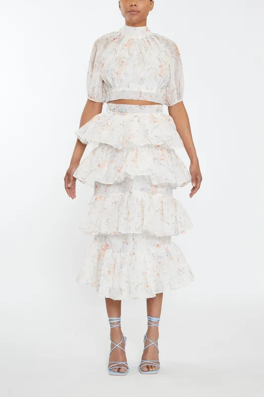 Harper Co-ord Cream Watercolour Organza Puff Sleeve Crop Top sold by True Decadence