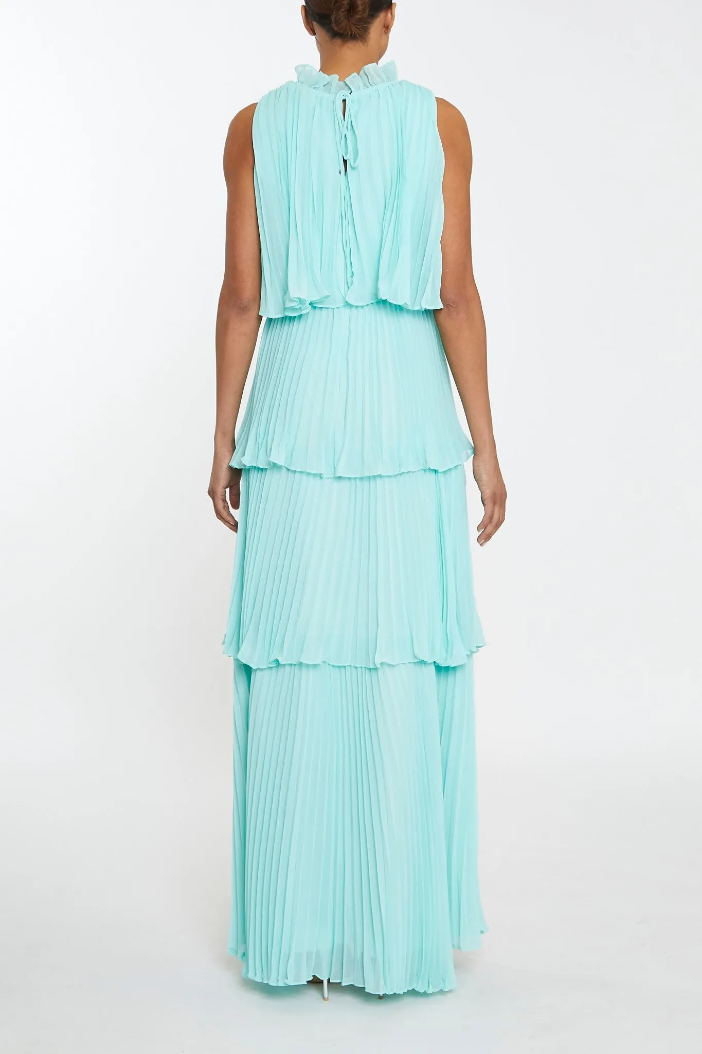 Tara Aqua Tiered Pleated Maxi Dress with High Ruffle Neck sold by True Decadence product image thumbnail 2