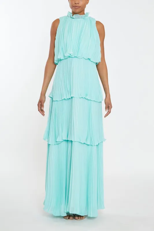Tara Aqua Tiered Pleated Maxi Dress with High Ruffle Neck sold by True Decadence