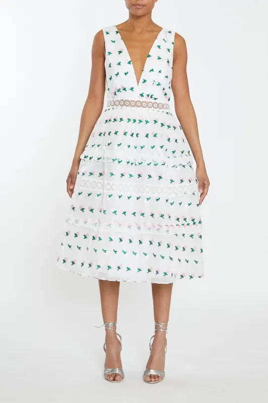 Zoey White Pink Floral Organza Plunge Neck Tiered Skater Midi Dress sold by True Decadence