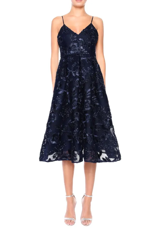 Noelle Navy 3D Embroidery Strappy Embroidered Midi Dress sold by True Decadence