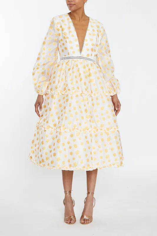 Sunny Cream Mustard Jacquard Tiered Plunge Front Midi Dress sold by True Decadence