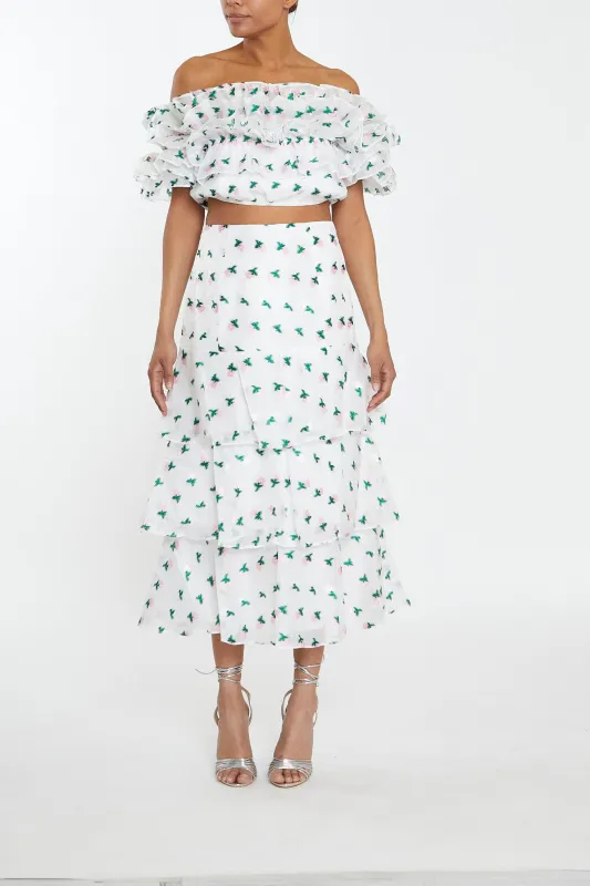 Scarlett Co-Ord White-Pink Floral Organza Bardot Ruffle Crop Top made by True Decadence