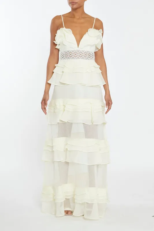 Sophia Pale-Yellow Linen-Look Plunge Front Tiered Ruffle Maxi-Dress sold by True Decadence