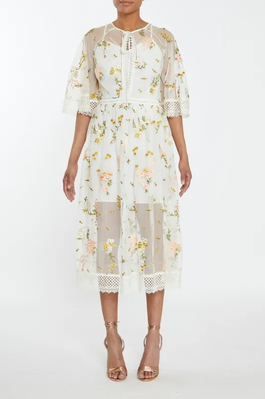 Eva Nude-Pink Embroidery Lace Trim Angel Sleeve Midi-Dress sold by True Decadence