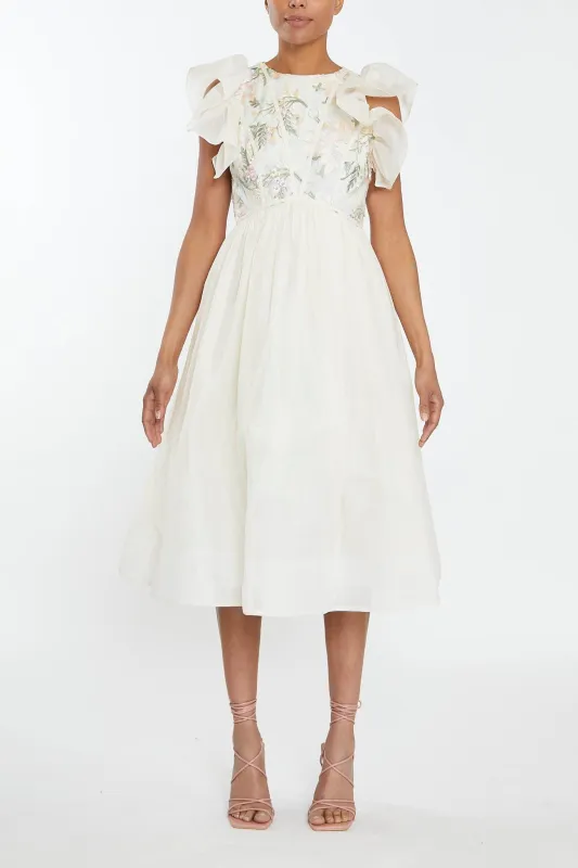 Millie Pastel Flower Lace Binding detail Ruffle Sleeves Midi Dress sold by True Decadence