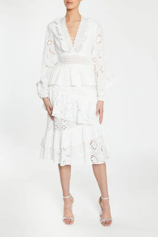 Grace White-Broderie Lace Trim Tiered Midi-Dress sold by True Decadence