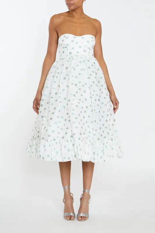 Chloe White-Green Organza Bandeau Ruffle Hem Midi-Dress sold by True Decadence