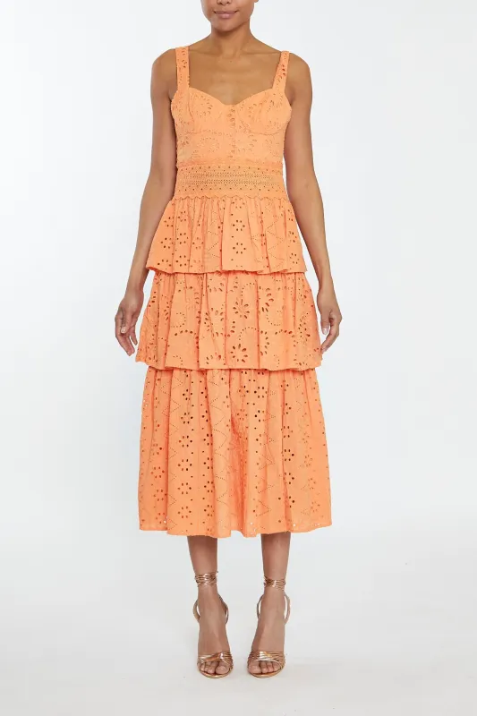 Evelyn Canteloupe Broderie Layered Broderie Midi-Dress sold by True Decadence
