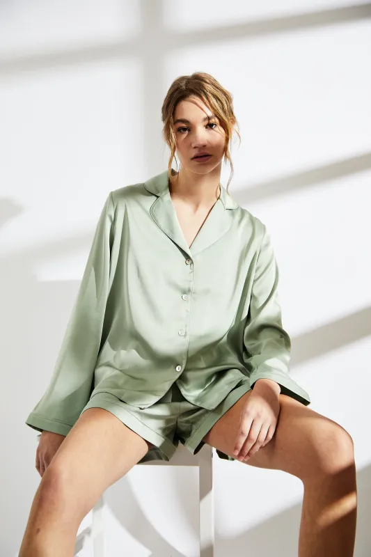 Sage Green Trim Short Satin Pyjama Set made by True Decadence