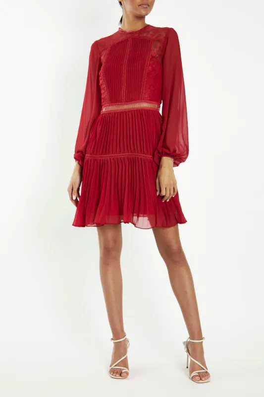 Lena Crimson-Red Lace Pleated Mini Dress made by True Decadence