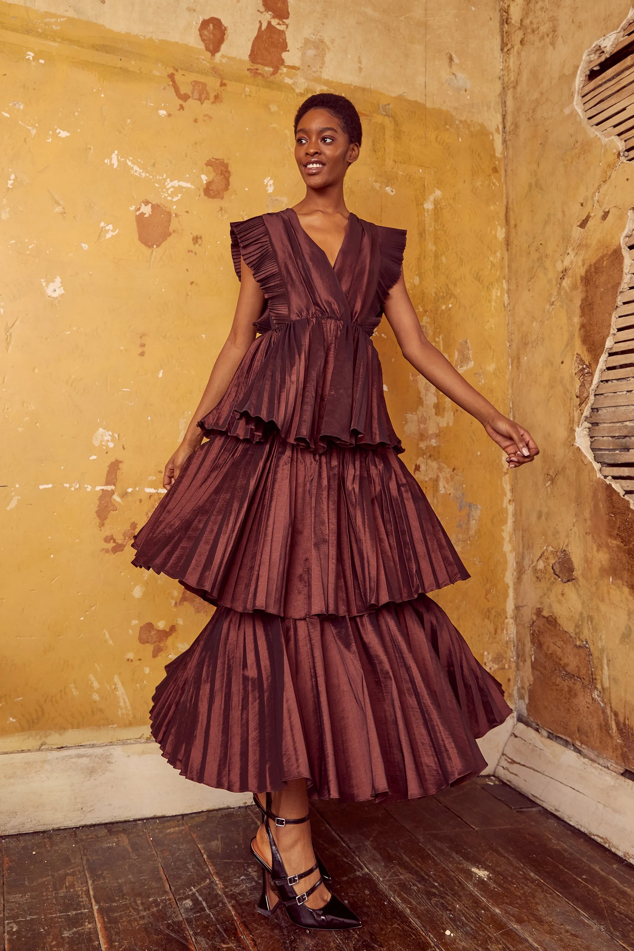 Chocolate Taffeta Pleated Tiered Midaxi Dress sold by True Decadence product image thumbnail 3