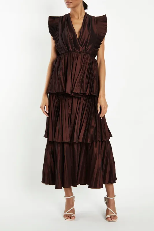 Chocolate Taffeta Pleated Tiered Midaxi Dress made by True Decadence