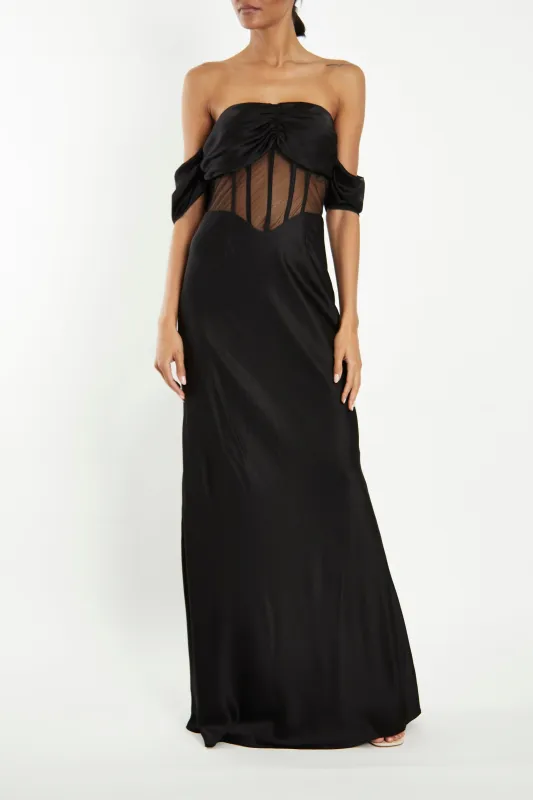 Agnes Black Satin Corset Sheer Maxi-Dress sold by True Decadence