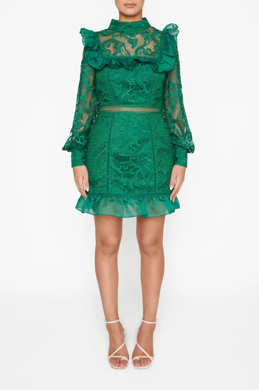Lorene Emerald Green Lace Long-Sleeve Mini-Dress made by True Decadence