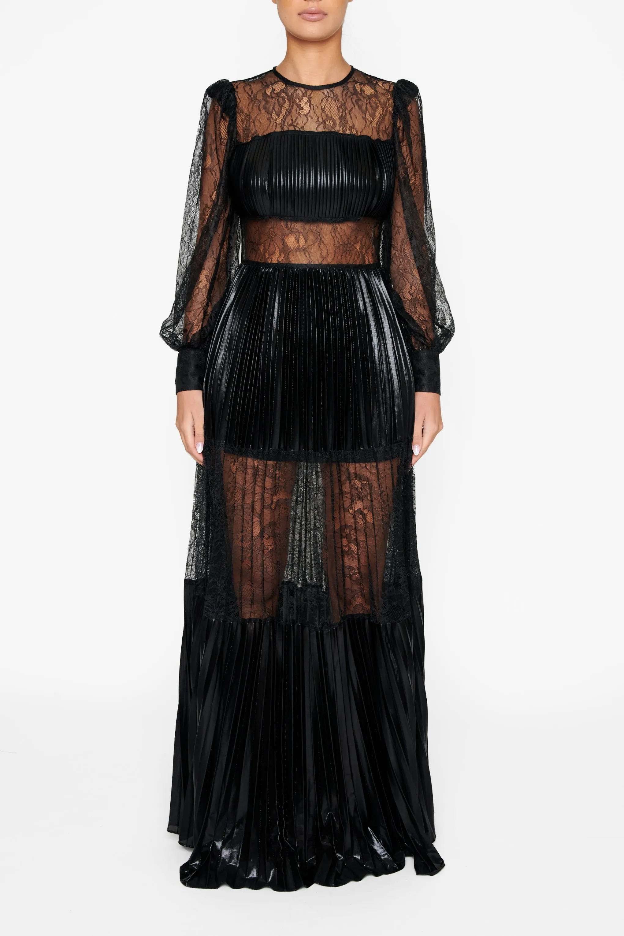 Amanda Black Sheer Pleated Maxi Dress sold by True Decadence