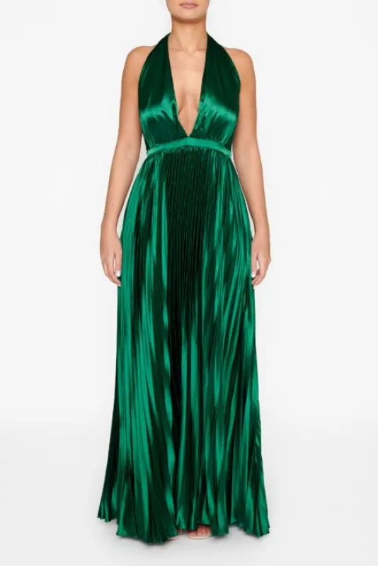 Celia Emerald-Green Pleated Satin Halterneck Maxi-Dress made by True Decadence