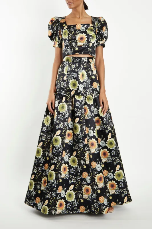 Polly Co-Ord Black-Mustard-Flower Puff-Sleeve Tie-Back Crop-Top made by True Decadence