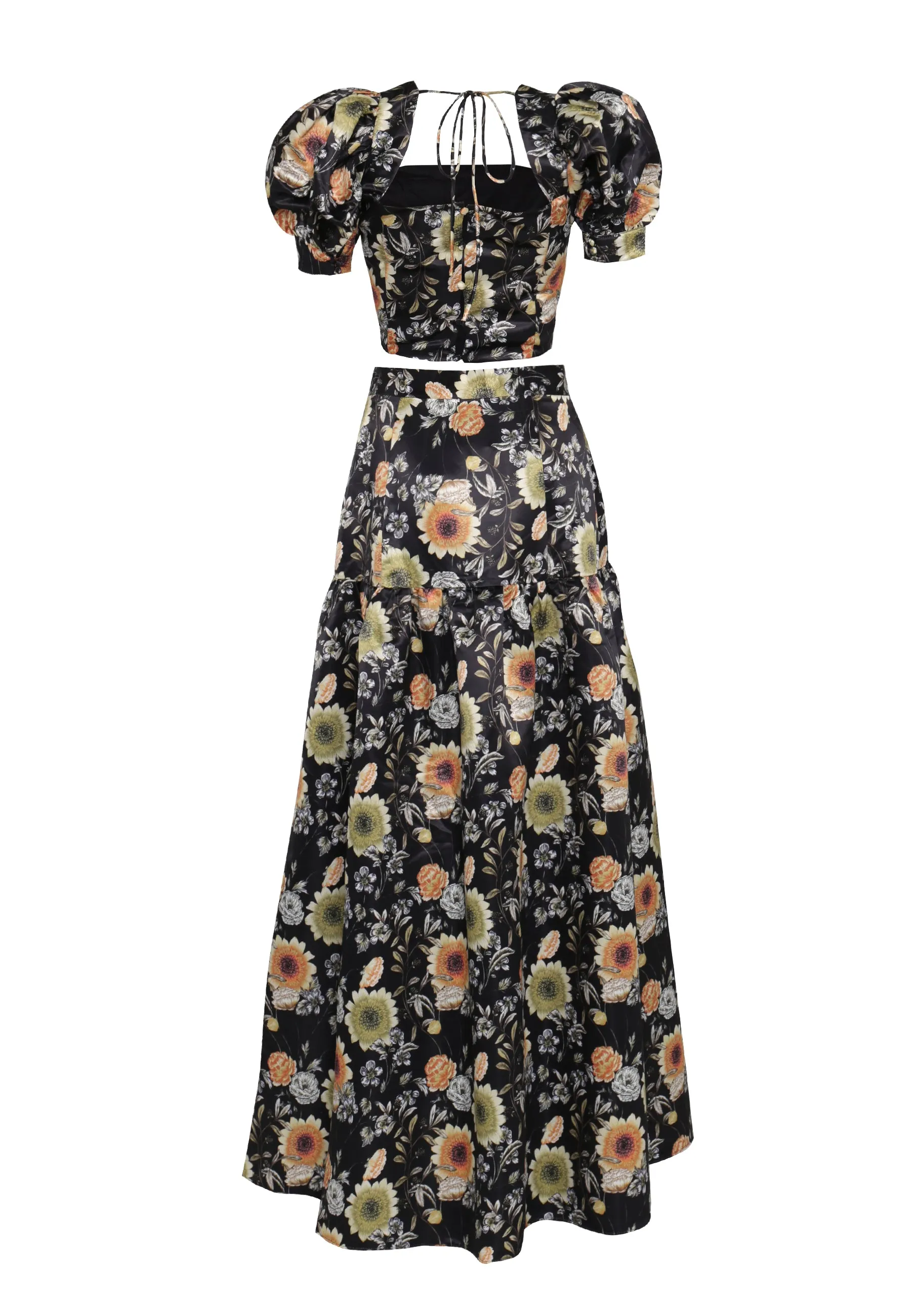 Polly Co-Ord Black-Mustard-Flower High-Waisted Tiered Maxi-Skirt sold by True Decadence product image thumbnail 5