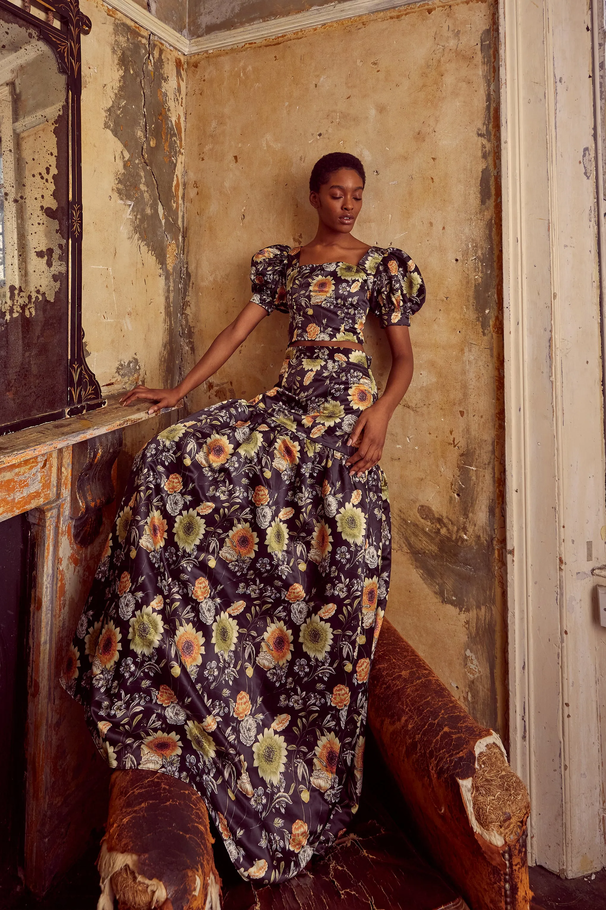 Polly Co-Ord Black-Mustard-Flower High-Waisted Tiered Maxi-Skirt sold by True Decadence product image thumbnail 3