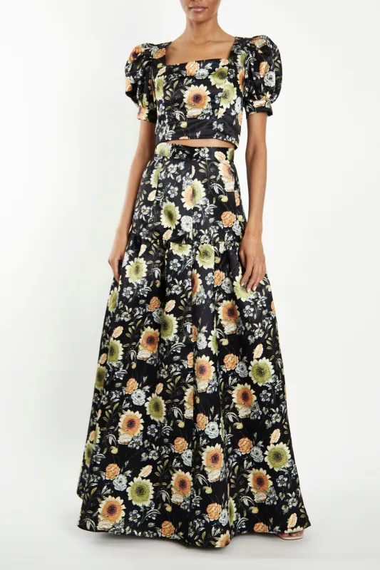 Polly Co-Ord Black-Mustard-Flower High-Waisted Tiered Maxi-Skirt sold by True Decadence