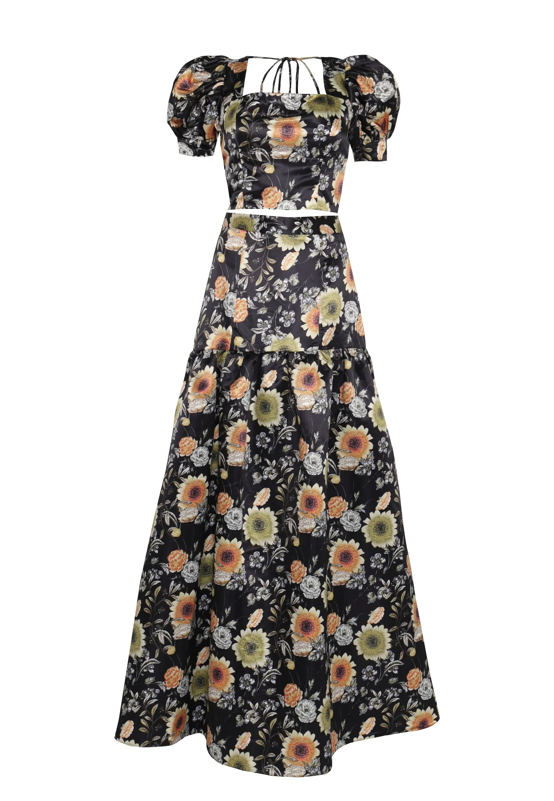 Polly Co-Ord Black-Mustard-Flower High-Waisted Tiered Maxi-Skirt sold by True Decadence product image thumbnail 4