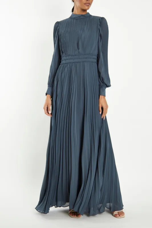 Maria Steel Blue Pleated Long-Sleeve Maxi-Dress sold by True Decadence