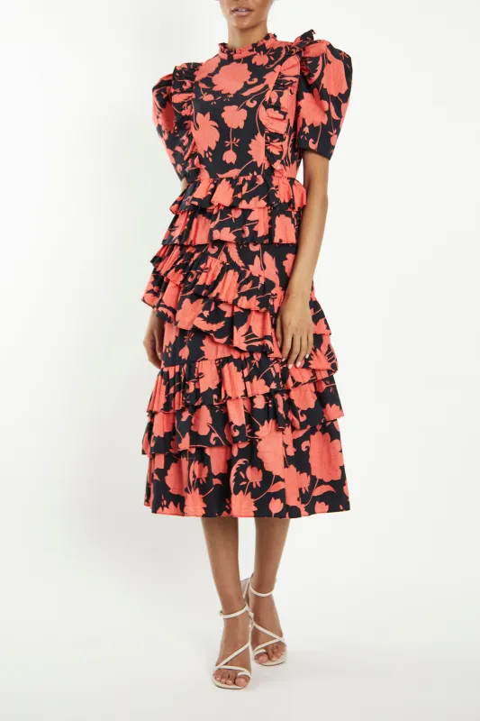 Delilah Black-Coral-Flower Puff-Sleeve Midi-Dress sold by True Decadence