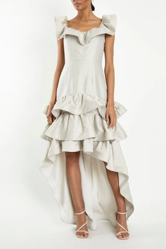 Florence Light Grey Waterfall Ruffle Hi-Lo Dress sold by True Decadence