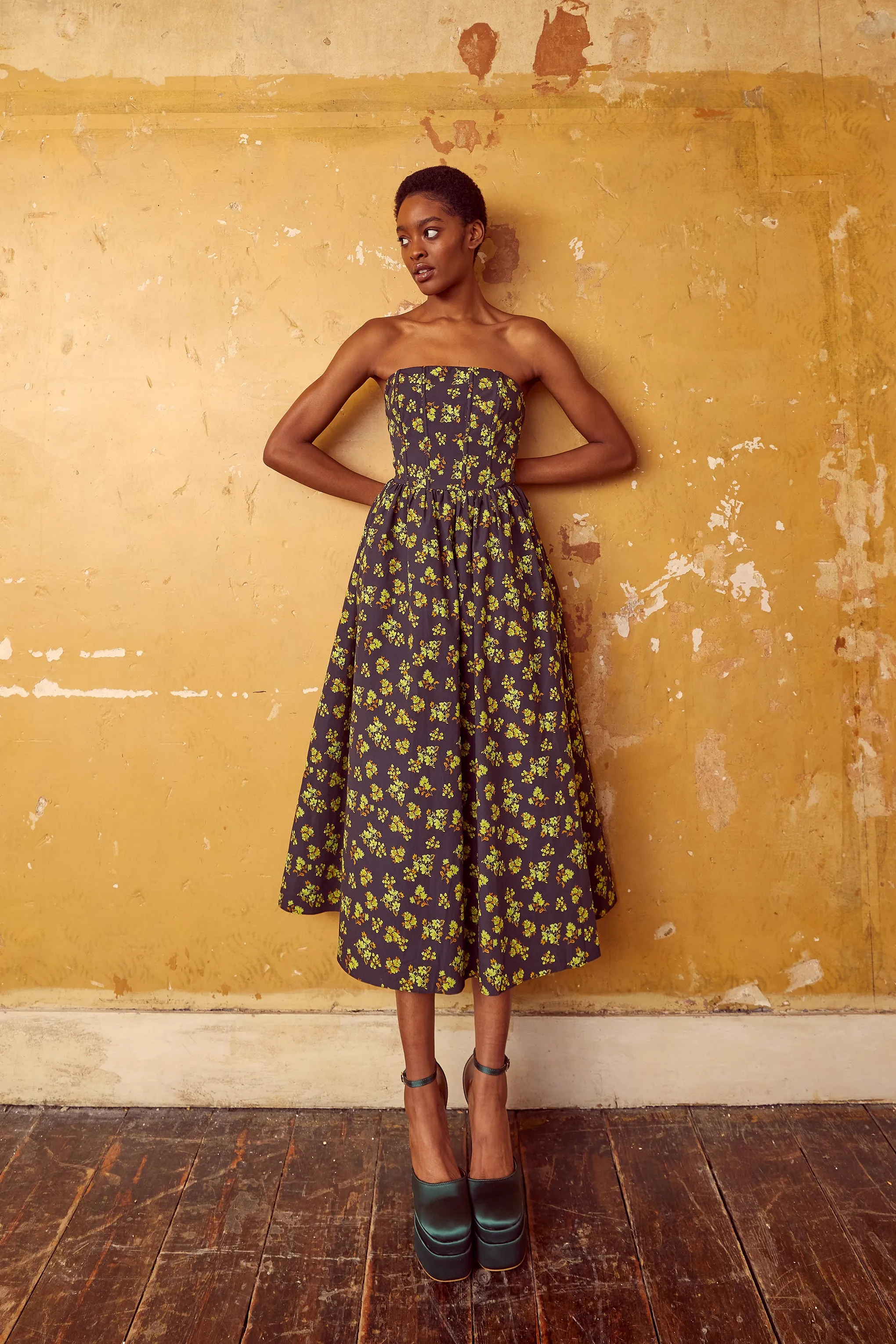 Henrietta Navy-Yellow-Ditsy-Floral Strapless Corset Midi-Dress sold by True Decadence product image thumbnail 3